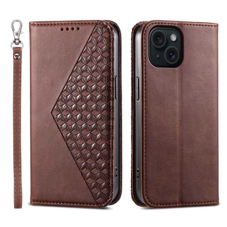 

For iPhone 15 Cubic Grid Calf Texture Magnetic Leather Phone Case(Brown)