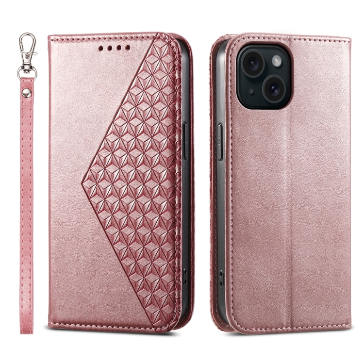 

For iPhone 15 Cubic Grid Calf Texture Magnetic Leather Phone Case(Rose Gold)