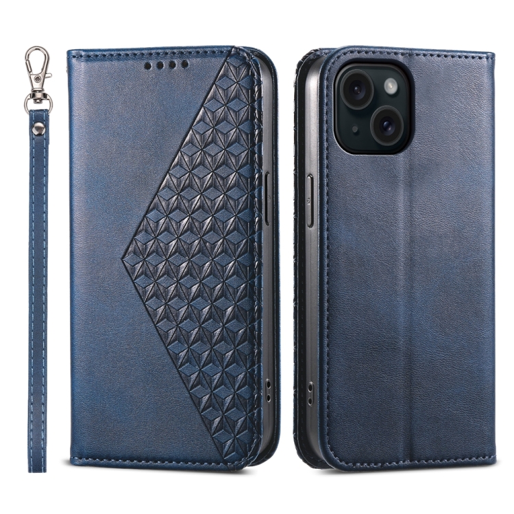 

For iPhone 15 Cubic Grid Calf Texture Magnetic Leather Phone Case(Blue)