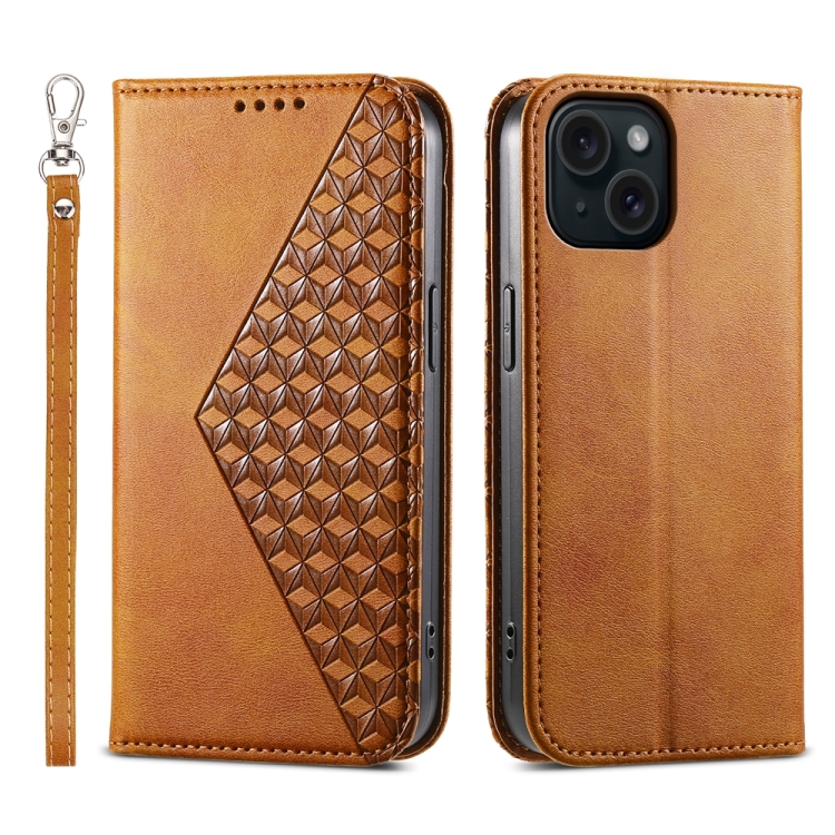 

For iPhone 15 Cubic Grid Calf Texture Magnetic Leather Phone Case(Yellow)