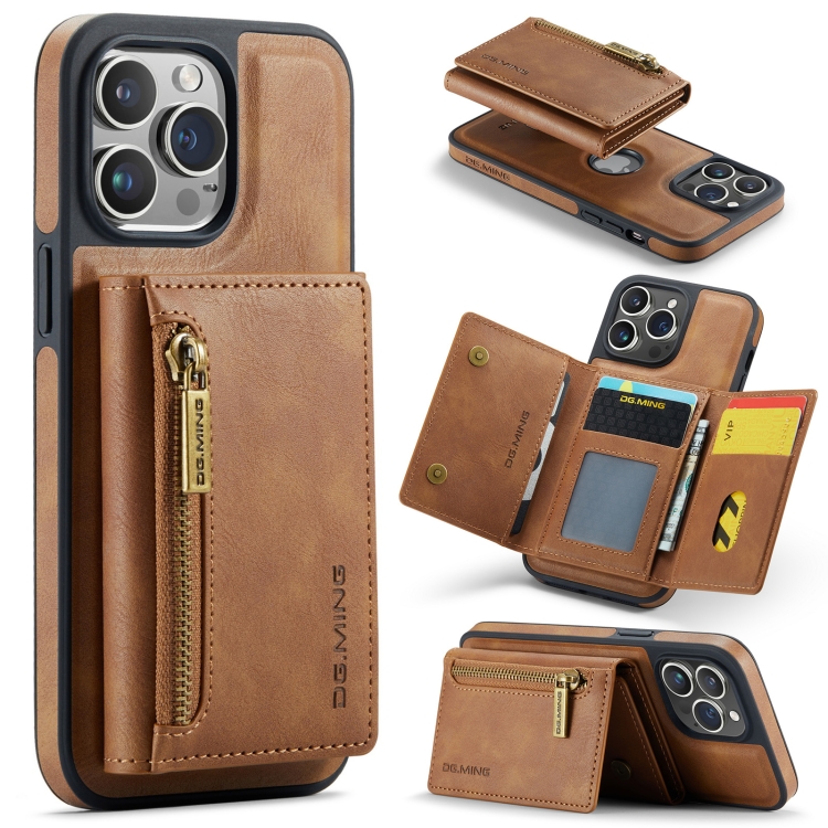 

For iPhone 14 Pro Max DG.MING M5 Series Zip RFID Multi Card Detachable Leather Phone Case(Brown)