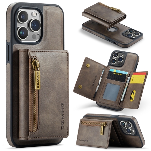 

For iPhone 14 Pro Max DG.MING M5 Series Zip RFID Multi Card Detachable Leather Phone Case(Coffee)