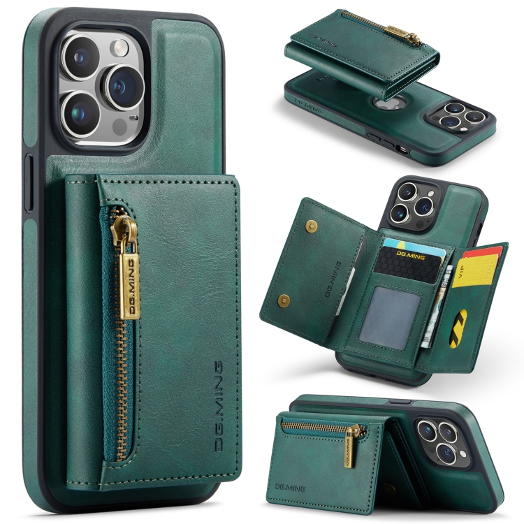 

For iPhone 14 Pro Max DG.MING M5 Series Zip RFID Multi Card Detachable Leather Phone Case(Green)