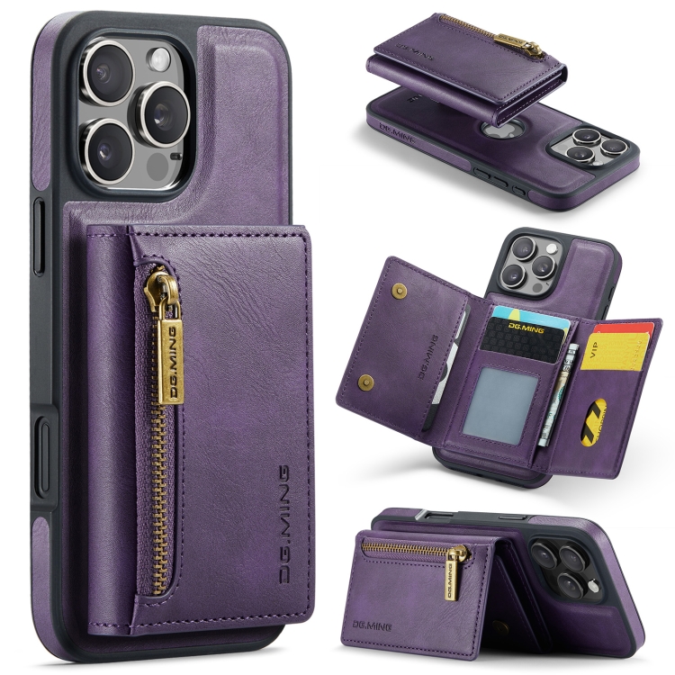 

For iPhone 16 Pro DG.MING M5 Series Zip RFID Multi Card Detachable Leather Phone Case(Purple)