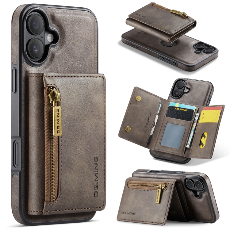 

For iPhone 16 DG.MING M5 Series Zip RFID Multi Card Detachable Leather Phone Case(Coffee)