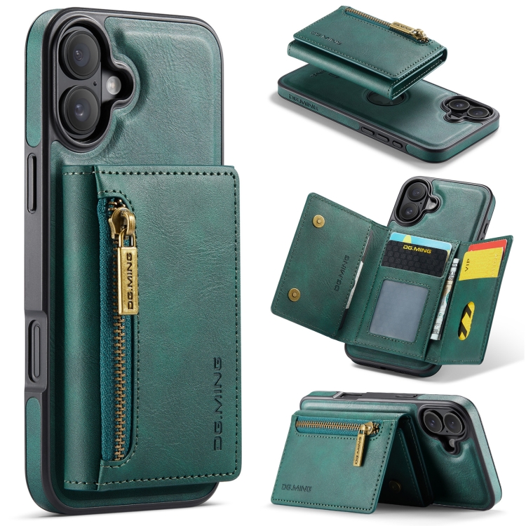 

For iPhone 16 DG.MING M5 Series Zip RFID Multi Card Detachable Leather Phone Case(Green)