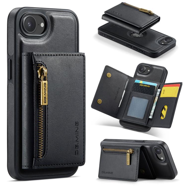 

For iPhone 16e DG.MING M5 Series Zip RFID Multi Card Detachable Leather Phone Case(Black)