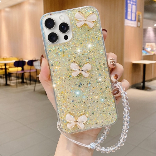 For iPhone 15 Pro Max Starry Sequin Jade Butterfly Epoxy TPU Phone Case with Strap(Yellow) puluz 40m 130ft waterproof diving case for iphone 15 pro max 15 plus 14 plus 14 pro max 13 pro max 12 pro max 11 pro max with one way valve photo video taking underwater housing cover white
