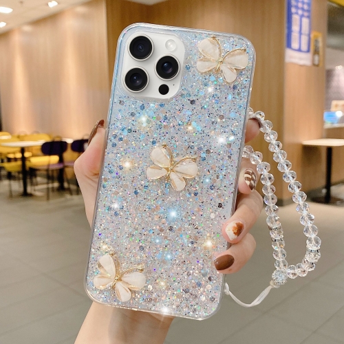 

For iPhone 15 Pro Max Starry Sequin Jade Butterfly Epoxy TPU Phone Case with Strap(Silver)