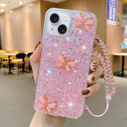 

For iPhone 15 Plus Starry Sequin Jade Butterfly Epoxy TPU Phone Case with Strap(Pink)