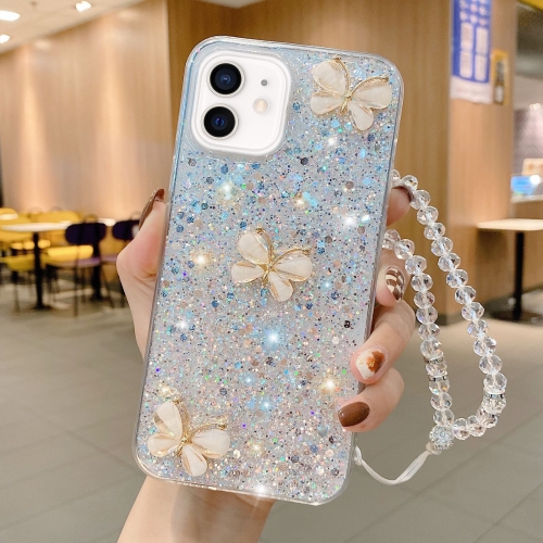 For iPhone 12 Starry Sequin Jade Butterfly Epoxy TPU Phone Case with Strap(Silver) for airpods pro 2 silver foil epoxy bluetooth earphone protective case purple