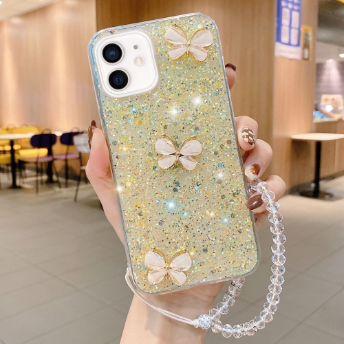 

For iPhone 12 mini Starry Sequin Jade Butterfly Epoxy TPU Phone Case with Strap(Yellow)