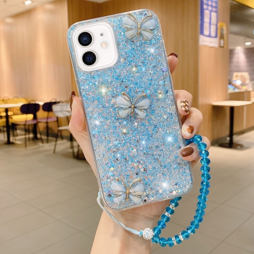 

For iPhone 12 mini Starry Sequin Jade Butterfly Epoxy TPU Phone Case with Strap(Blue)