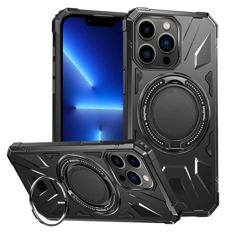 

For iPhone 13 Pro MagSafe Magnetic Shockproof Phone Case with Ring Holder(Black)