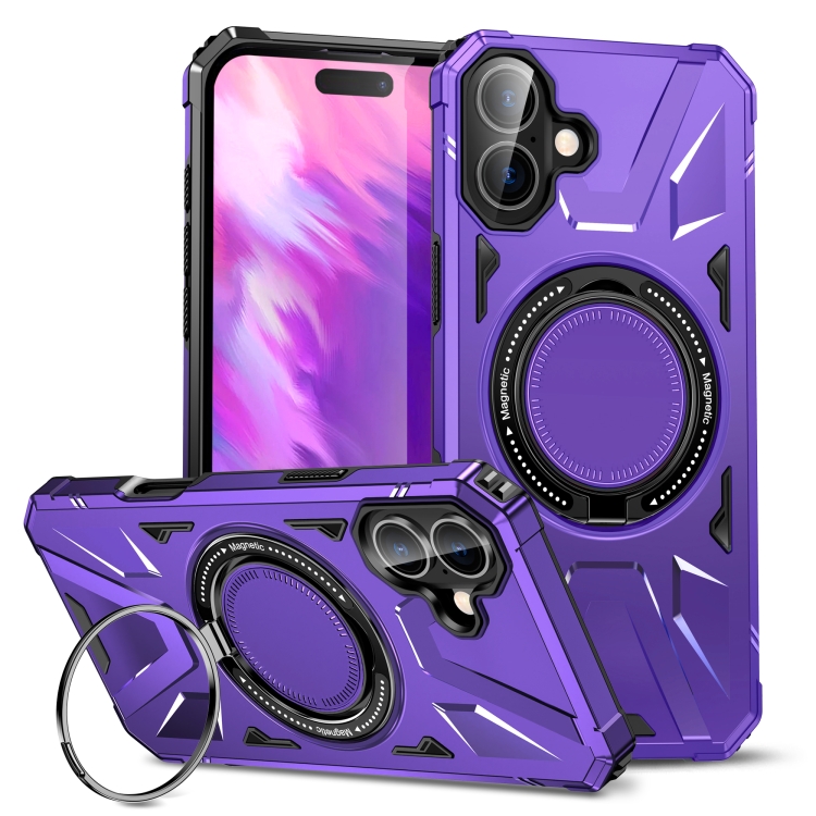 

For iPhone 16 MagSafe Magnetic Shockproof Phone Case with Ring Holder(Purple)