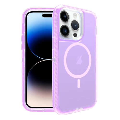 For iPhone 14 Pro Max Shockproof MagSafe Magnetic Phone Case(Transparent Purple) for iphone 12 shockproof magsafe magnetic phone case transparent purple