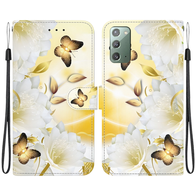 

For Samsung Galaxy Note20 Crystal Texture Colored Drawing Leather Phone Case(Gold Butterfly Epiphyllum)