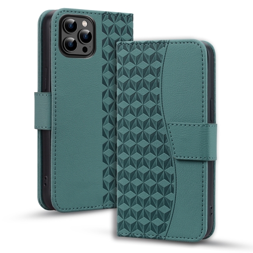 

For iPhone 12 Pro Max Business Diamond Buckle Leather Phone Case with Lanyard(Green)