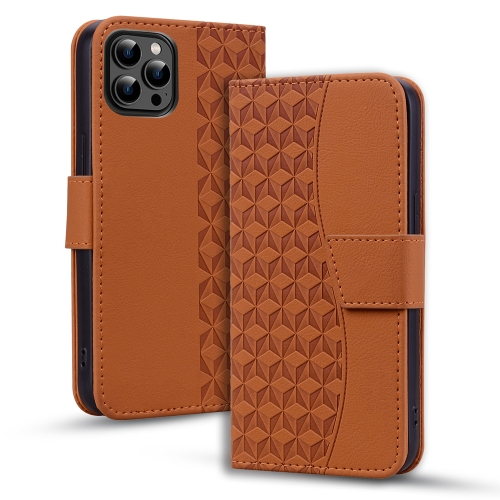 For iPhone 12 Pro Max Business Diamond Buckle Leather Phone Case with Lanyard(Brown) for iphone 14 plus butterfly cat embossing flip leather phone case brown