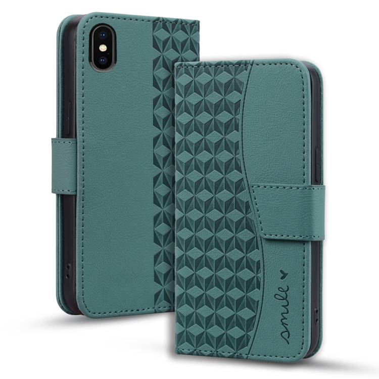

For iPhone X / XS Business Diamond Buckle Leather Phone Case with Lanyard(Green)