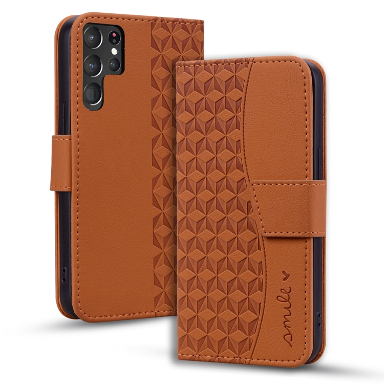 

For Samsung Galaxy S22 Ultra 5G Diamond Buckle Leather Phone Case with Lanyard(Brown)