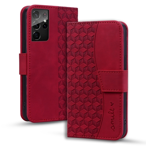 

For Samsung Galaxy S21 Ultra 5G Diamond Buckle Leather Phone Case with Lanyard(Wine Red)
