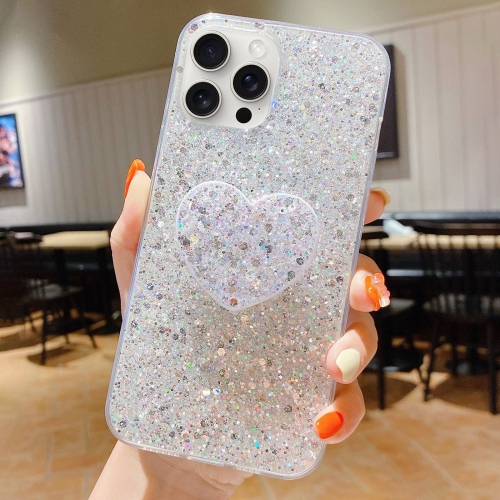 

For iPhone 15 Pro Starry Sequin Heart Stand Epoxy TPU Phone Case(Silver)