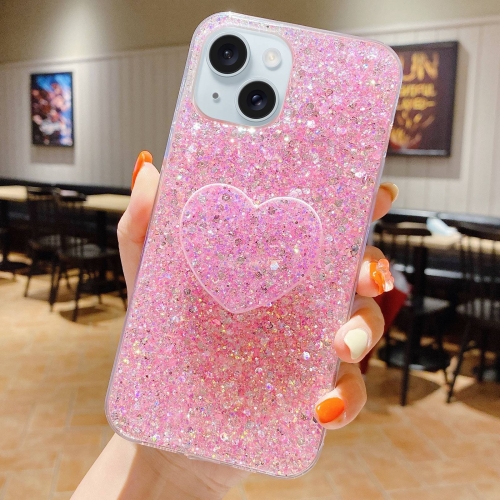 

For iPhone 15 Plus Starry Sequin Heart Stand Epoxy TPU Phone Case(Pink)