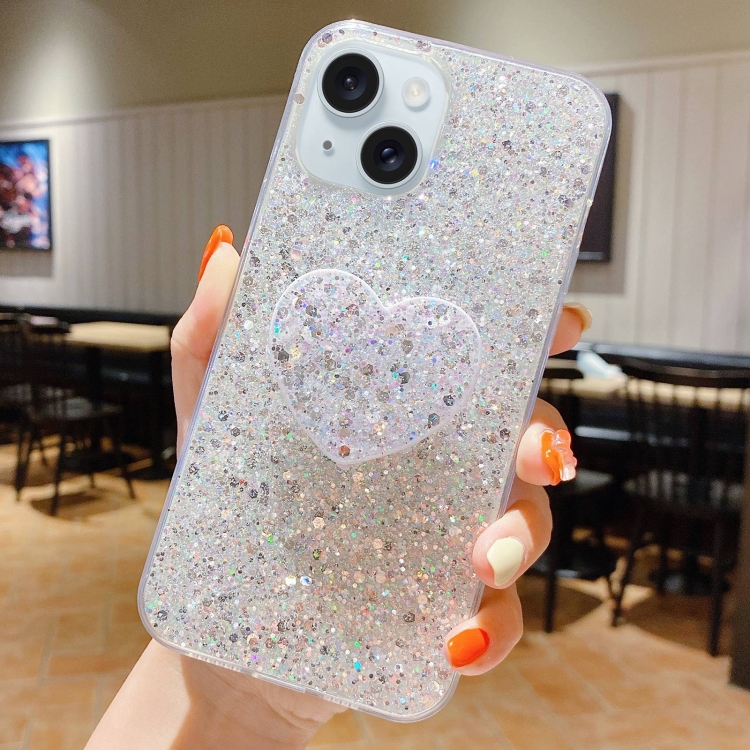 

For iPhone 15 Starry Sequin Heart Stand Epoxy TPU Phone Case(Silver)