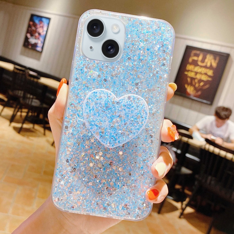 

For iPhone 14 Starry Sequin Heart Stand Epoxy TPU Phone Case(Blue)
