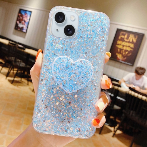 

For iPhone 13 Starry Sequin Heart Stand Epoxy TPU Phone Case(Blue)