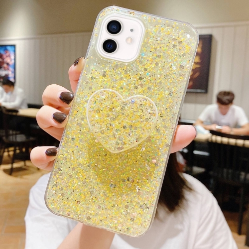 

For iPhone 12 Starry Sequin Heart Stand Epoxy TPU Phone Case(Yellow)