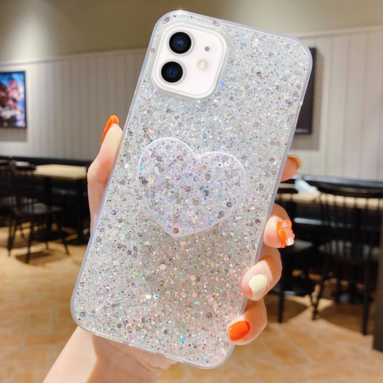 

For iPhone 12 Starry Sequin Heart Stand Epoxy TPU Phone Case(Silver)