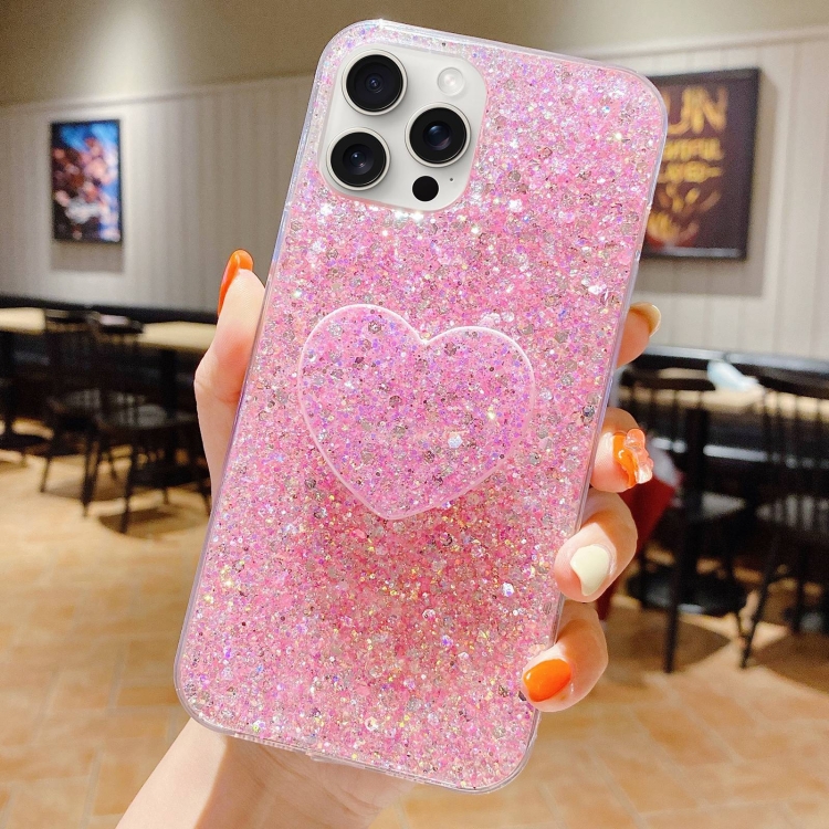 

For iPhone 12 Pro Starry Sequin Heart Stand Epoxy TPU Phone Case(Pink)