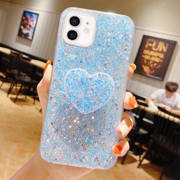 

For iPhone 12 mini Starry Sequin Heart Stand Epoxy TPU Phone Case(Blue)