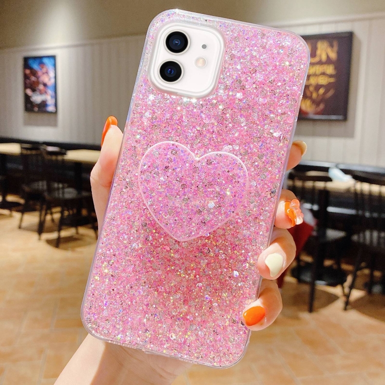 

For iPhone 11 Starry Sequin Heart Stand Epoxy TPU Phone Case(Pink)
