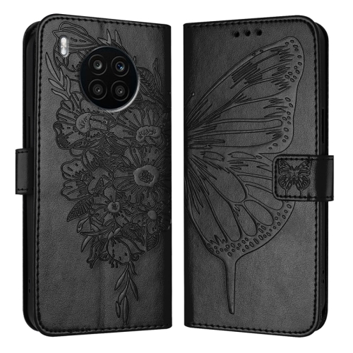 

For Honor 50 Lite / Huawei Nova 8i Embossed Butterfly Leather Phone Case(Black)