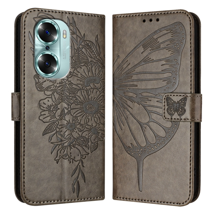 

For Honor 60 Embossed Butterfly Leather Phone Case(Grey)