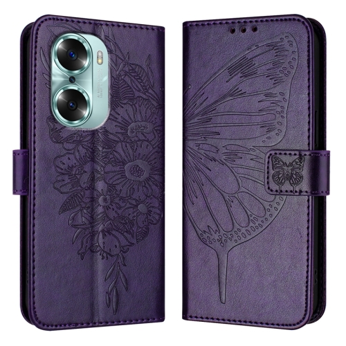 

For Honor 60 Embossed Butterfly Leather Phone Case(Dark Purple)