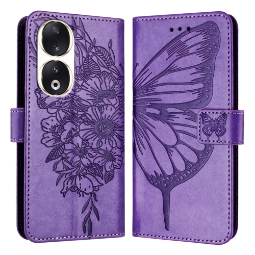 

For Honor 90 Embossed Butterfly Leather Phone Case(Purple)