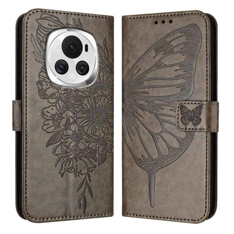 

For Honor Magic6 5G Global Embossed Butterfly Leather Phone Case(Grey)