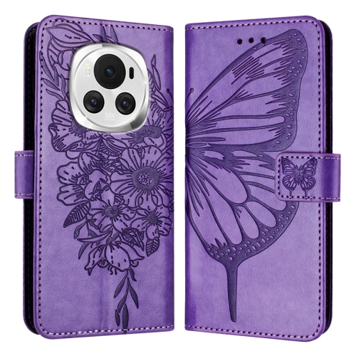 

For Honor Magic6 5G Global Embossed Butterfly Leather Phone Case(Purple)