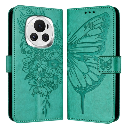 

For Honor Magic6 5G Global Embossed Butterfly Leather Phone Case(Green)