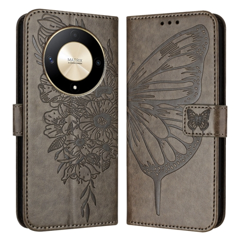 

For Honor X9b Global/Magic6 Lite 5G Global Embossed Butterfly Leather Phone Case(Grey)