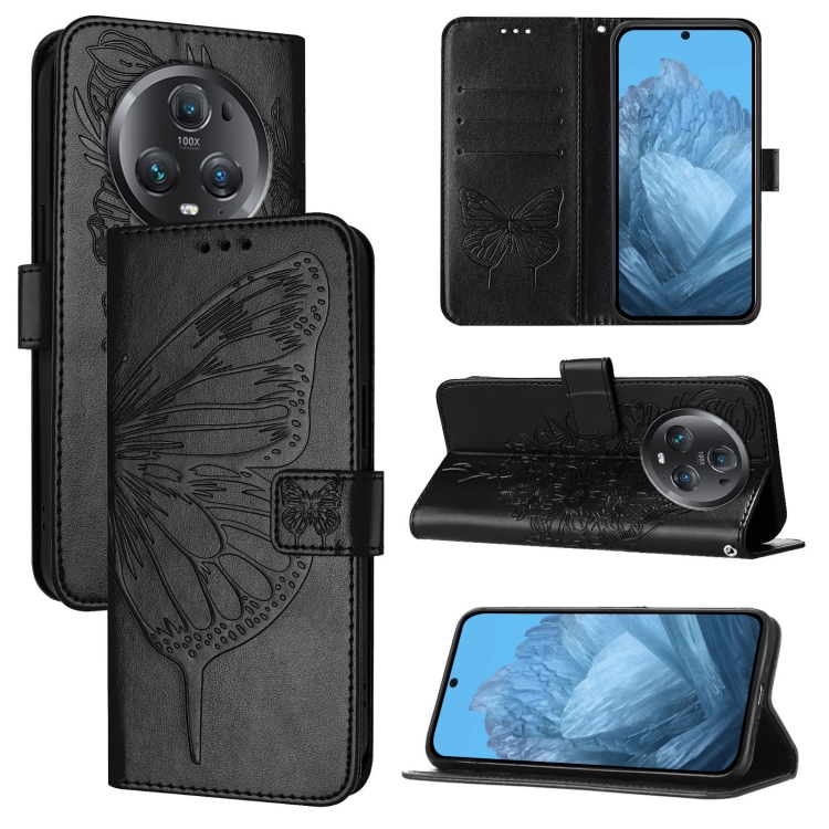 

For Honor Magic5 Pro Embossed Butterfly Leather Phone Case(Black)