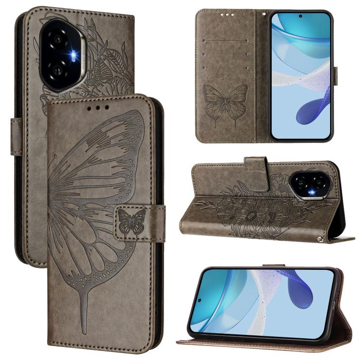 

For Honor 300 Embossed Butterfly Leather Phone Case(Grey)
