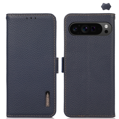 

For Google Pixel 9 Pro KHAZNEH Side-Magnetic Litchi Genuine Leather RFID Phone Case(Blue)