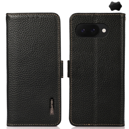 

For Google Pixel 9a KHAZNEH Side-Magnetic Litchi Genuine Leather RFID Phone Case(Black)