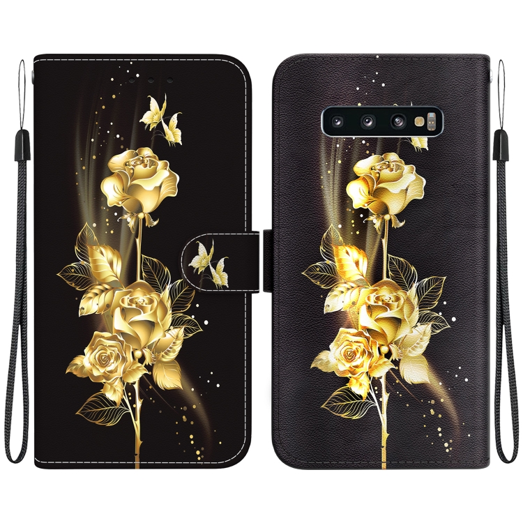 

For Samsung Galaxy S10 Crystal Texture Colored Drawing Leather Phone Case(Gold Butterfly Rose)