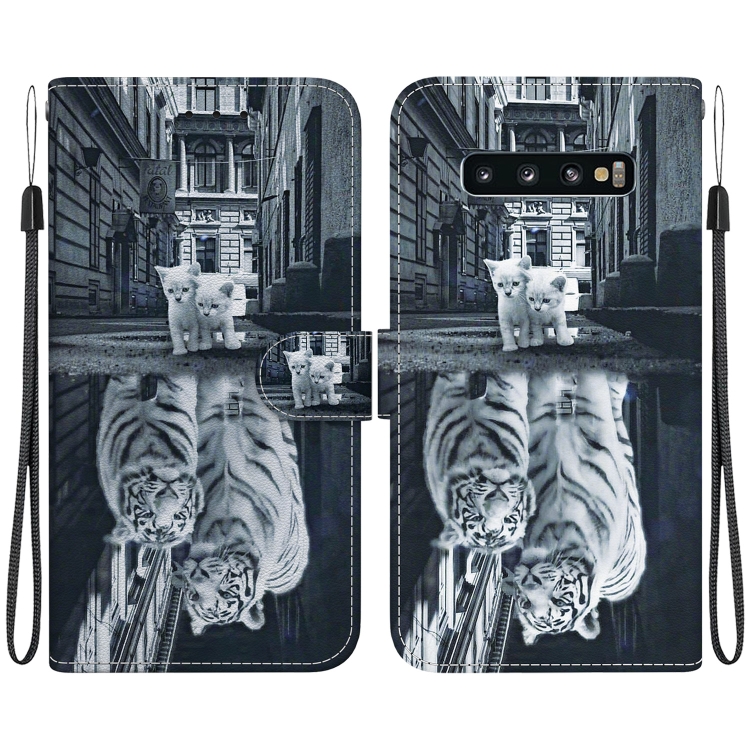 

For Samsung Galaxy S10 Crystal Texture Colored Drawing Leather Phone Case(Cat Tiger Reflection)